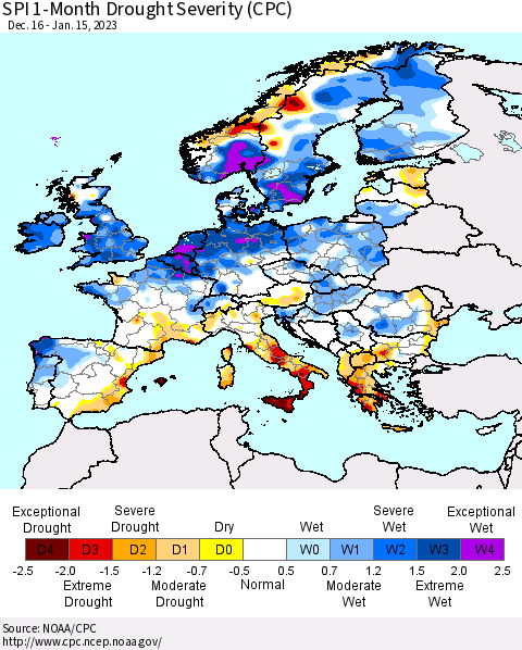 Europe SPI 1-Month Drought Severity (CPC) Thematic Map For 12/16/2022 - 1/15/2023