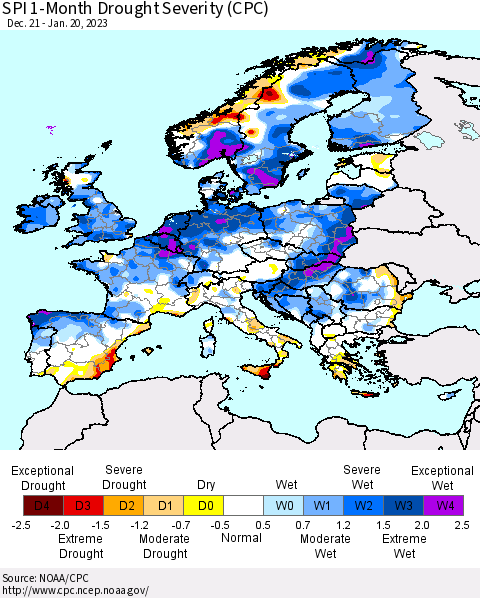Europe SPI 1-Month Drought Severity (CPC) Thematic Map For 12/21/2022 - 1/20/2023