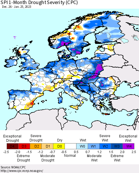 Europe SPI 1-Month Drought Severity (CPC) Thematic Map For 12/26/2022 - 1/25/2023