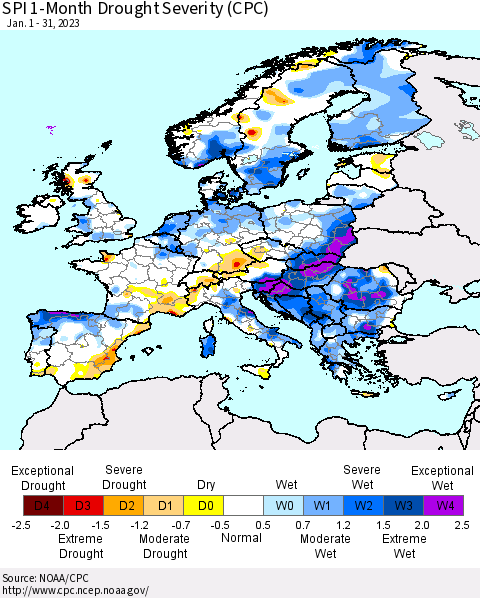 Europe SPI 1-Month Drought Severity (CPC) Thematic Map For 1/1/2023 - 1/31/2023