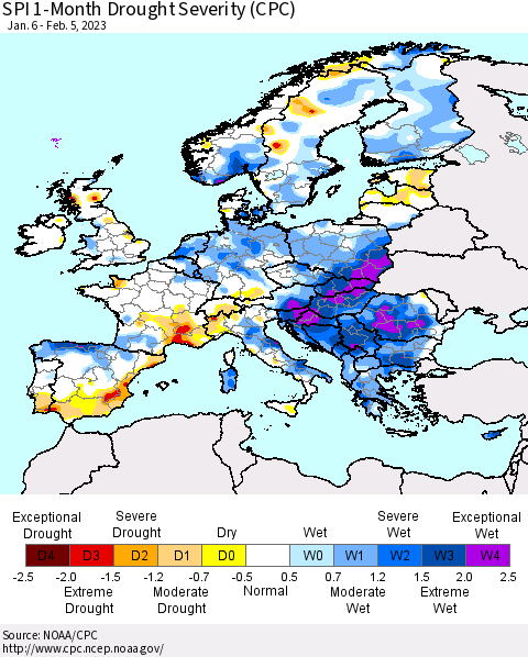 Europe SPI 1-Month Drought Severity (CPC) Thematic Map For 1/6/2023 - 2/5/2023