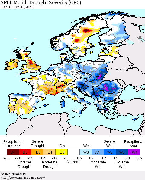 Europe SPI 1-Month Drought Severity (CPC) Thematic Map For 1/11/2023 - 2/10/2023