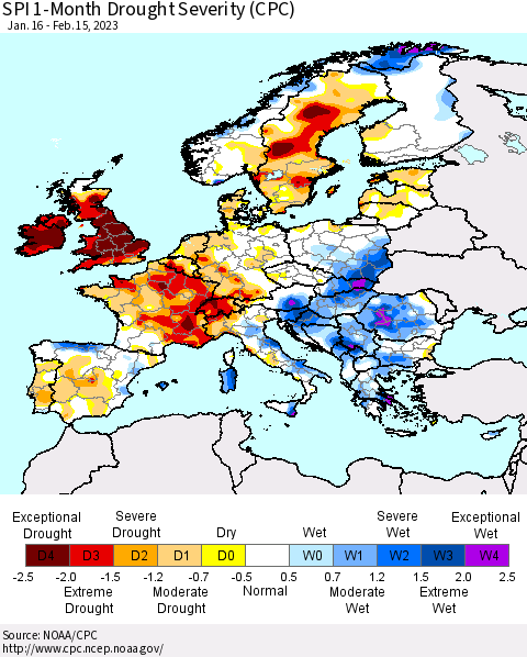 Europe SPI 1-Month Drought Severity (CPC) Thematic Map For 1/16/2023 - 2/15/2023