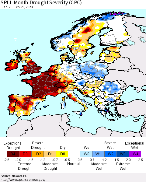 Europe SPI 1-Month Drought Severity (CPC) Thematic Map For 1/21/2023 - 2/20/2023