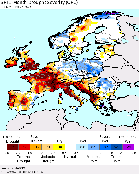 Europe SPI 1-Month Drought Severity (CPC) Thematic Map For 1/26/2023 - 2/25/2023