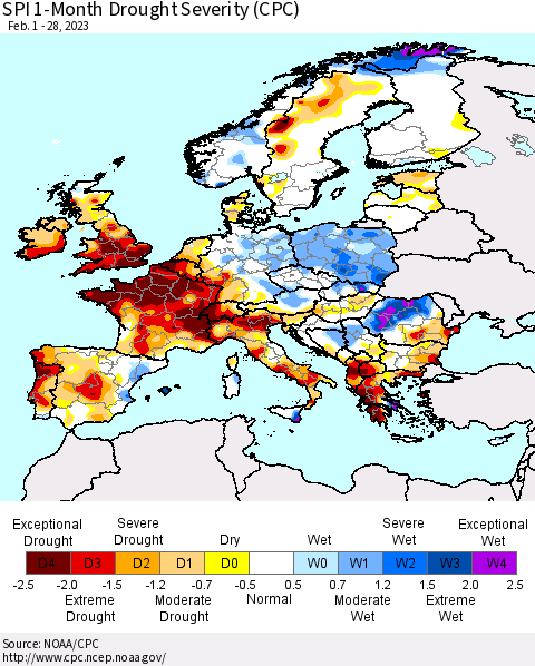 Europe SPI 1-Month Drought Severity (CPC) Thematic Map For 2/1/2023 - 2/28/2023