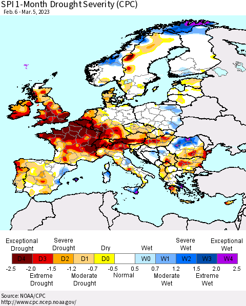 Europe SPI 1-Month Drought Severity (CPC) Thematic Map For 2/6/2023 - 3/5/2023