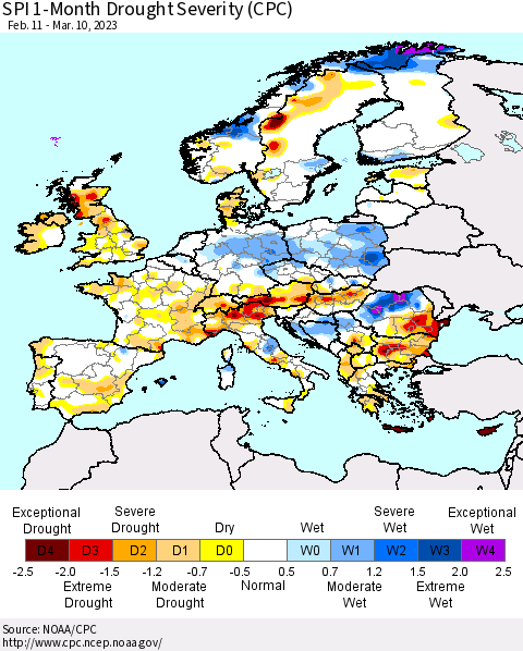 Europe SPI 1-Month Drought Severity (CPC) Thematic Map For 2/11/2023 - 3/10/2023