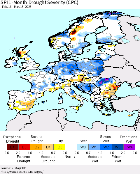 Europe SPI 1-Month Drought Severity (CPC) Thematic Map For 2/16/2023 - 3/15/2023
