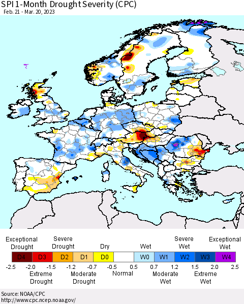 Europe SPI 1-Month Drought Severity (CPC) Thematic Map For 2/21/2023 - 3/20/2023