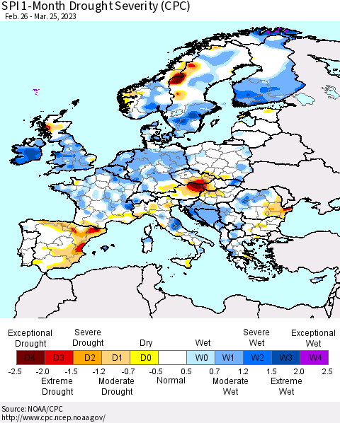 Europe SPI 1-Month Drought Severity (CPC) Thematic Map For 2/26/2023 - 3/25/2023