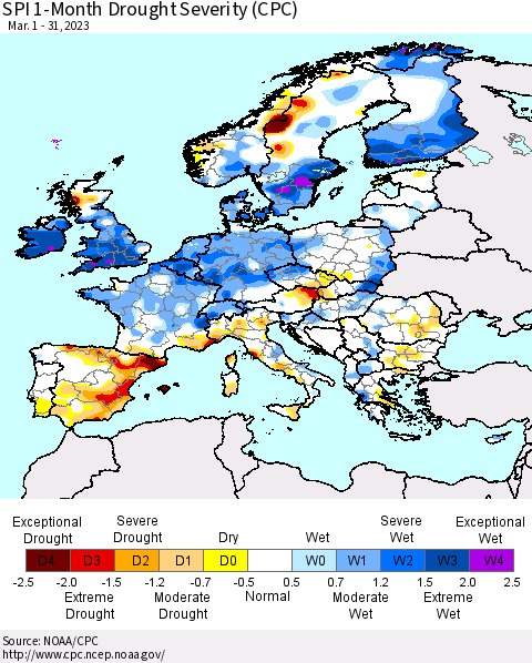 Europe SPI 1-Month Drought Severity (CPC) Thematic Map For 3/1/2023 - 3/31/2023