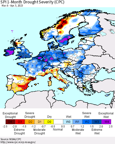 Europe SPI 1-Month Drought Severity (CPC) Thematic Map For 3/6/2023 - 4/5/2023