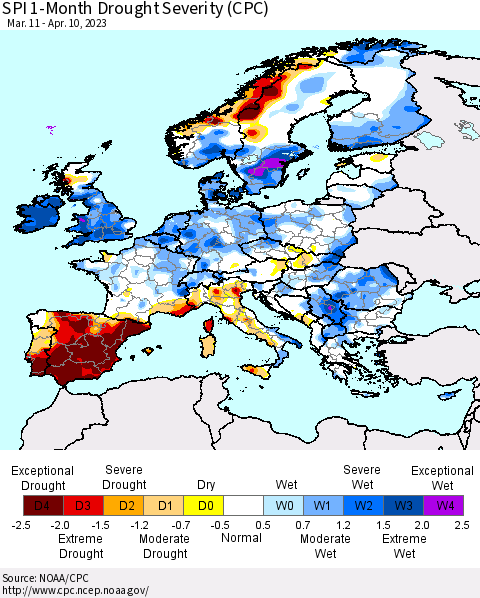 Europe SPI 1-Month Drought Severity (CPC) Thematic Map For 3/11/2023 - 4/10/2023