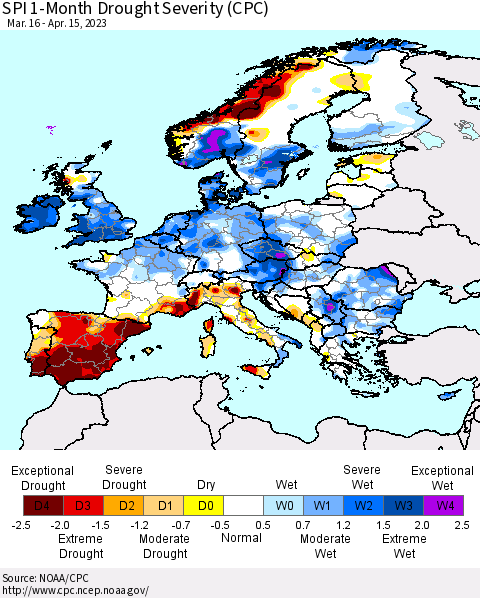 Europe SPI 1-Month Drought Severity (CPC) Thematic Map For 3/16/2023 - 4/15/2023