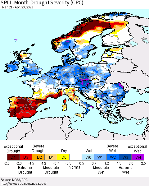 Europe SPI 1-Month Drought Severity (CPC) Thematic Map For 3/21/2023 - 4/20/2023