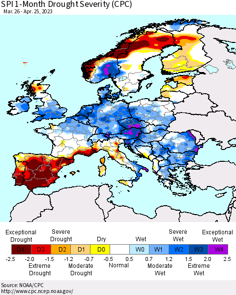Europe SPI 1-Month Drought Severity (CPC) Thematic Map For 3/26/2023 - 4/25/2023
