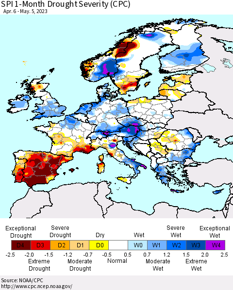 Europe SPI 1-Month Drought Severity (CPC) Thematic Map For 4/6/2023 - 5/5/2023