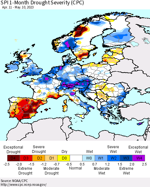 Europe SPI 1-Month Drought Severity (CPC) Thematic Map For 4/11/2023 - 5/10/2023