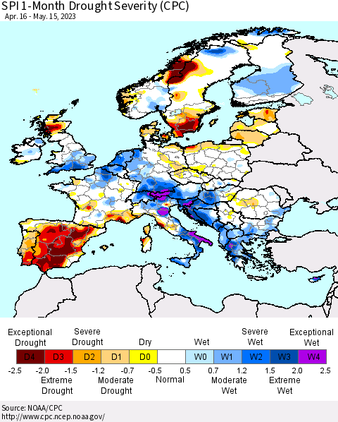 Europe SPI 1-Month Drought Severity (CPC) Thematic Map For 4/16/2023 - 5/15/2023