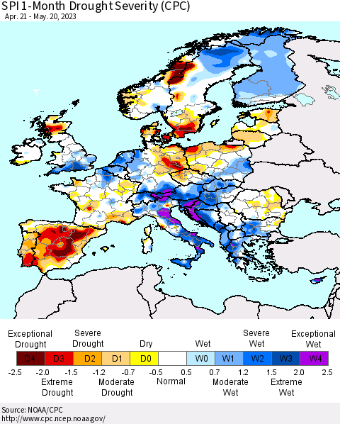 Europe SPI 1-Month Drought Severity (CPC) Thematic Map For 4/21/2023 - 5/20/2023