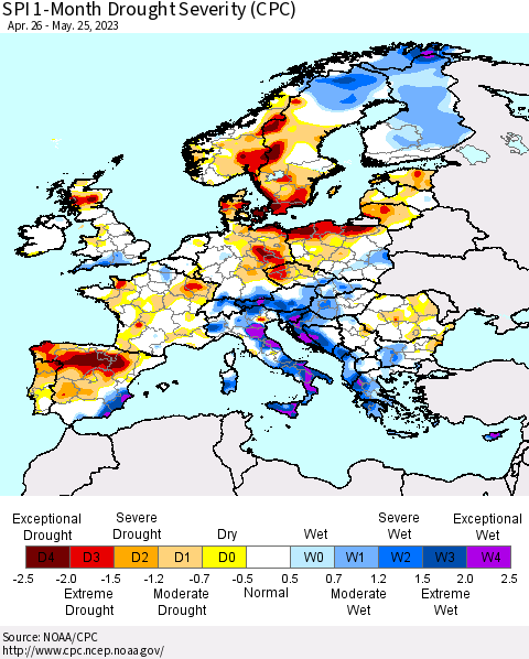Europe SPI 1-Month Drought Severity (CPC) Thematic Map For 4/26/2023 - 5/25/2023