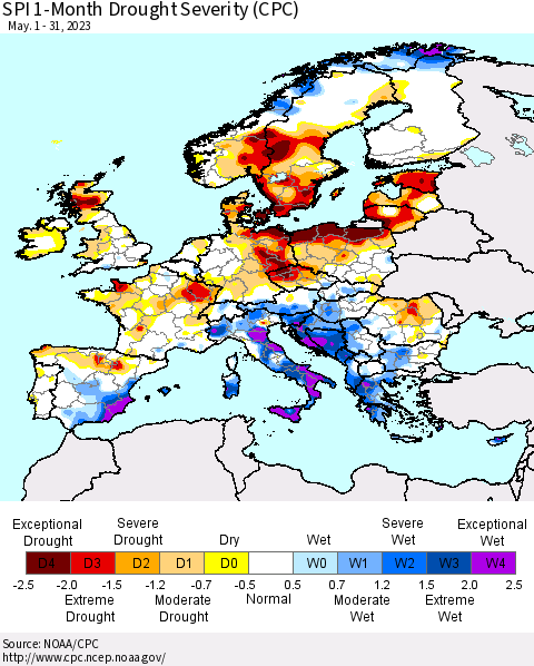 Europe SPI 1-Month Drought Severity (CPC) Thematic Map For 5/1/2023 - 5/31/2023