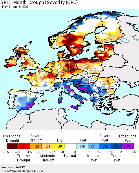 Europe SPI 1-Month Drought Severity (CPC) Thematic Map For 5/6/2023 - 6/5/2023
