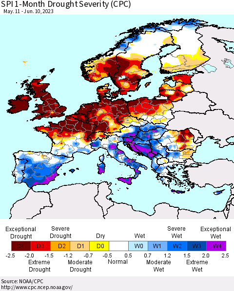 Europe SPI 1-Month Drought Severity (CPC) Thematic Map For 5/11/2023 - 6/10/2023