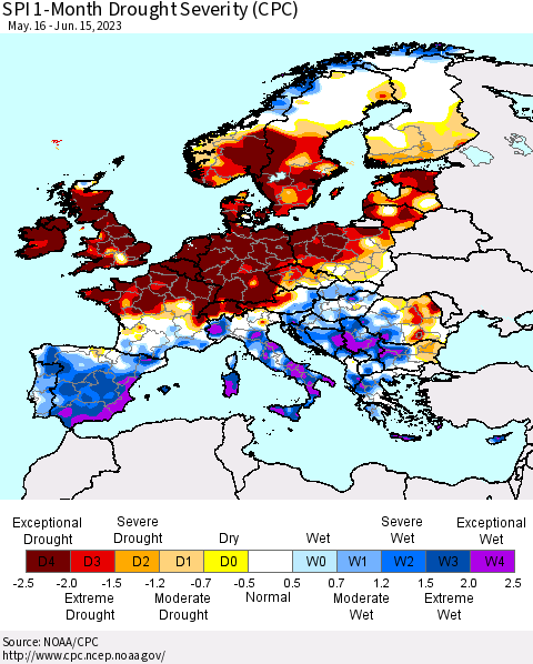 Europe SPI 1-Month Drought Severity (CPC) Thematic Map For 5/16/2023 - 6/15/2023