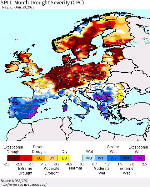 Europe SPI 1-Month Drought Severity (CPC) Thematic Map For 5/21/2023 - 6/20/2023