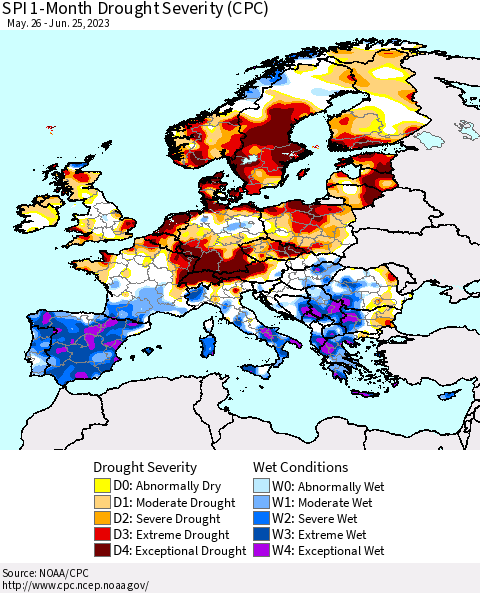 Europe SPI 1-Month Drought Severity (CPC) Thematic Map For 5/26/2023 - 6/25/2023