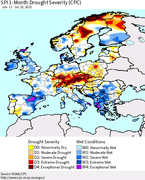 Europe SPI 1-Month Drought Severity (CPC) Thematic Map For 6/11/2023 - 7/10/2023