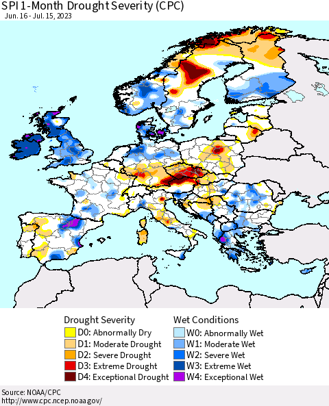 Europe SPI 1-Month Drought Severity (CPC) Thematic Map For 6/16/2023 - 7/15/2023