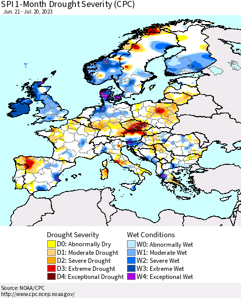 Europe SPI 1-Month Drought Severity (CPC) Thematic Map For 6/21/2023 - 7/20/2023