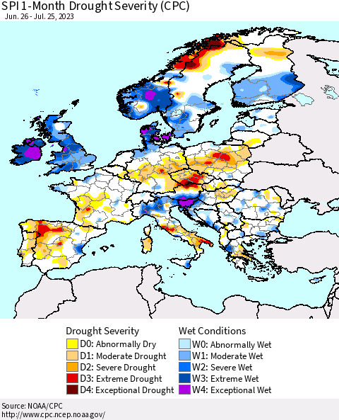 Europe SPI 1-Month Drought Severity (CPC) Thematic Map For 6/26/2023 - 7/25/2023