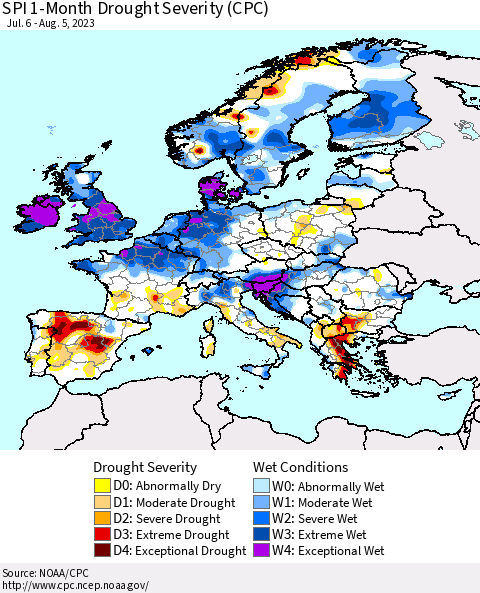 Europe SPI 1-Month Drought Severity (CPC) Thematic Map For 7/6/2023 - 8/5/2023