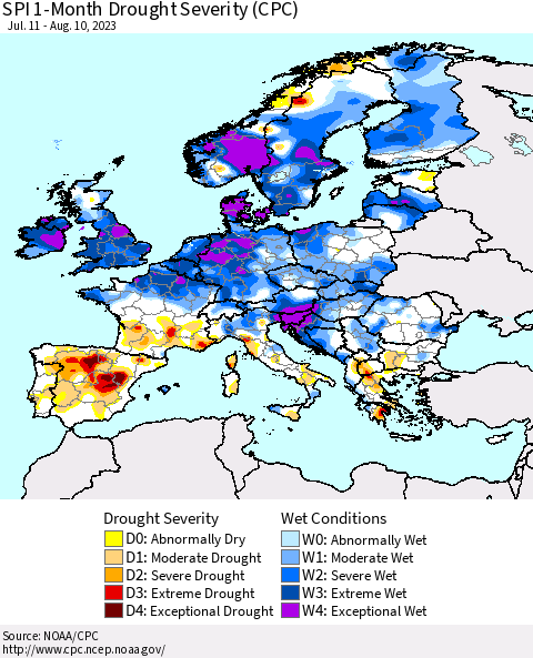Europe SPI 1-Month Drought Severity (CPC) Thematic Map For 7/11/2023 - 8/10/2023
