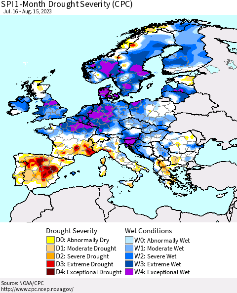 Europe SPI 1-Month Drought Severity (CPC) Thematic Map For 7/16/2023 - 8/15/2023
