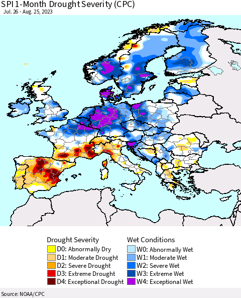 Europe SPI 1-Month Drought Severity (CPC) Thematic Map For 7/26/2023 - 8/25/2023