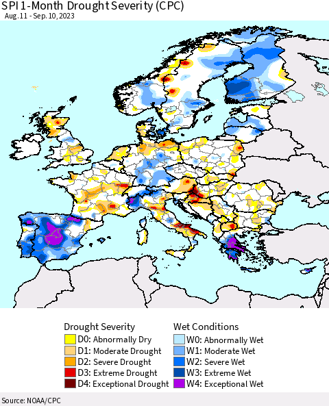 Europe SPI 1-Month Drought Severity (CPC) Thematic Map For 8/11/2023 - 9/10/2023