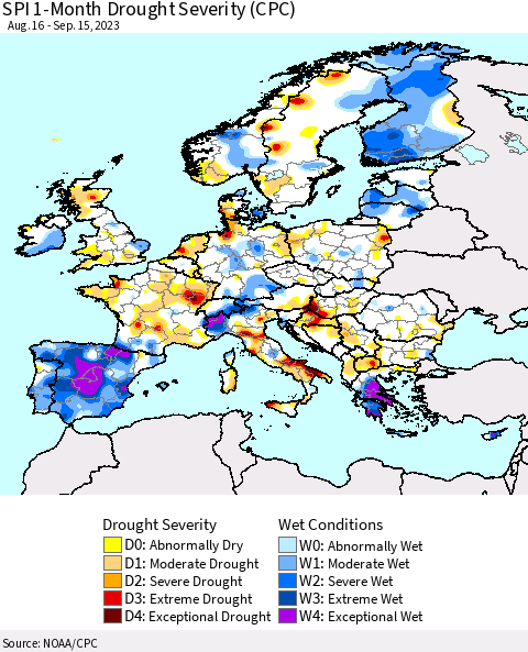 Europe SPI 1-Month Drought Severity (CPC) Thematic Map For 8/16/2023 - 9/15/2023