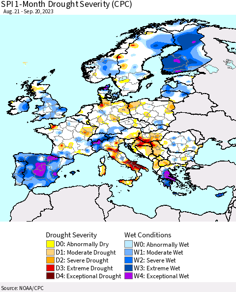 Europe SPI 1-Month Drought Severity (CPC) Thematic Map For 8/21/2023 - 9/20/2023