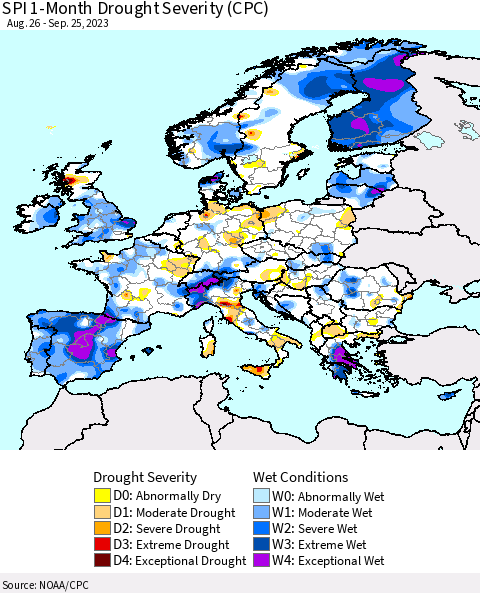 Europe SPI 1-Month Drought Severity (CPC) Thematic Map For 8/26/2023 - 9/25/2023