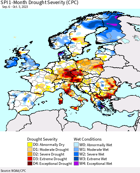 Europe SPI 1-Month Drought Severity (CPC) Thematic Map For 9/6/2023 - 10/5/2023