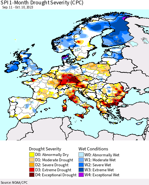 Europe SPI 1-Month Drought Severity (CPC) Thematic Map For 9/11/2023 - 10/10/2023