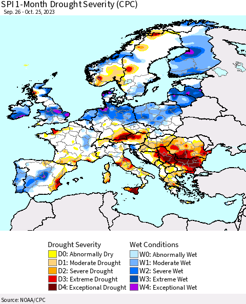 Europe SPI 1-Month Drought Severity (CPC) Thematic Map For 9/26/2023 - 10/25/2023