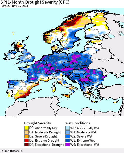 Europe SPI 1-Month Drought Severity (CPC) Thematic Map For 10/26/2023 - 11/25/2023