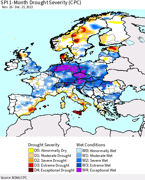 Europe SPI 1-Month Drought Severity (CPC) Thematic Map For 11/26/2023 - 12/25/2023
