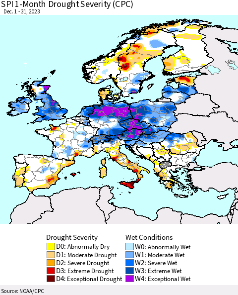 Europe SPI 1-Month Drought Severity (CPC) Thematic Map For 12/1/2023 - 12/31/2023